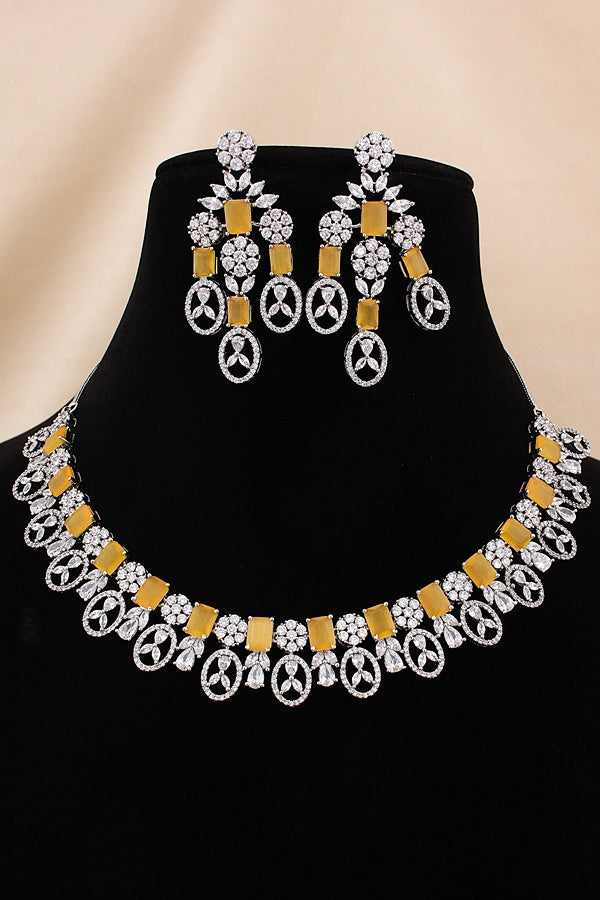 American Diamond Necklace Set In Silver Polish And Mint Green Colour Stones With Medium Large Danlger Earrings (NS001-AD-MG)