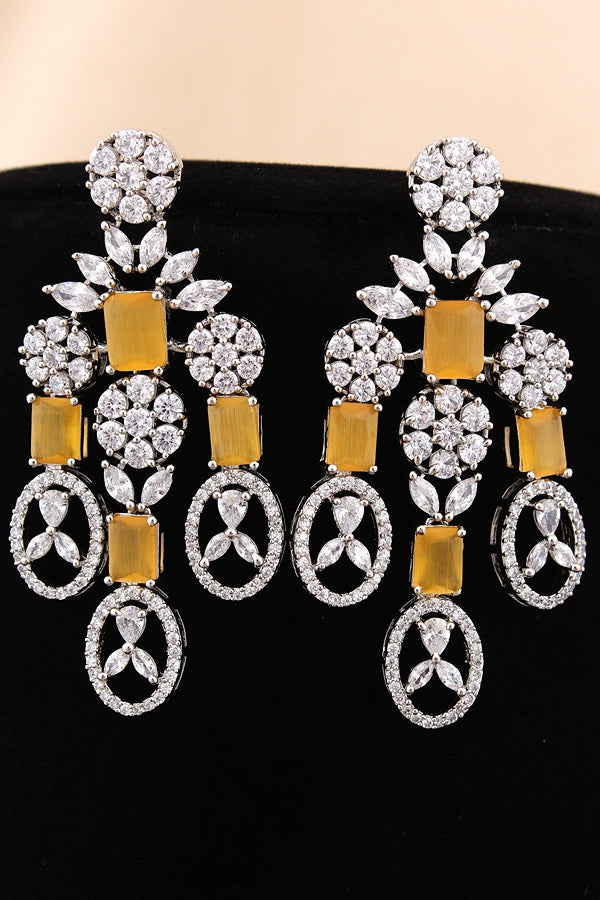 American Diamond Necklace Set In Silver Polish And Mint Green Colour Stones With Medium Large Danlger Earrings (NS001-AD-MG)