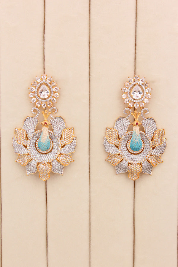 American Diamonds Earrings With Peacock In Silver And Gold Polish (ADE001)