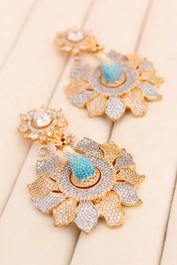 American Diamonds Earrings With Peacock In Silver And Gold Polish (ADE001)