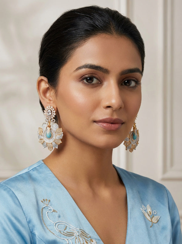 American Diamonds Earrings With Peacock In Silver And Gold Polish (ADE001)