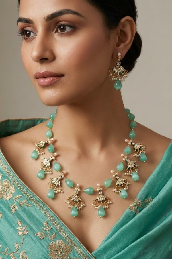 Aqua Green Colour Cat Eye Pearls With A Shiny Finish And Kundan Look Pendants Attached (MA007-AG)