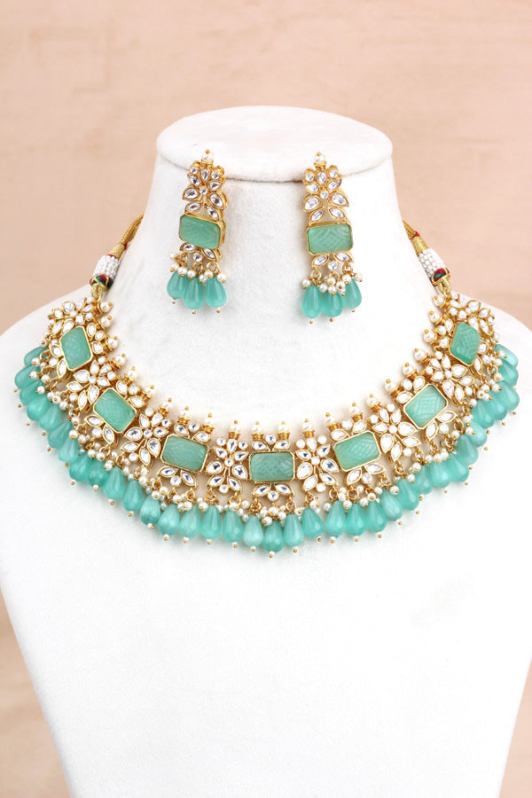 Aqua Green Kundan Necklace Set With Matching Earrings And Tikka (IGNK011)