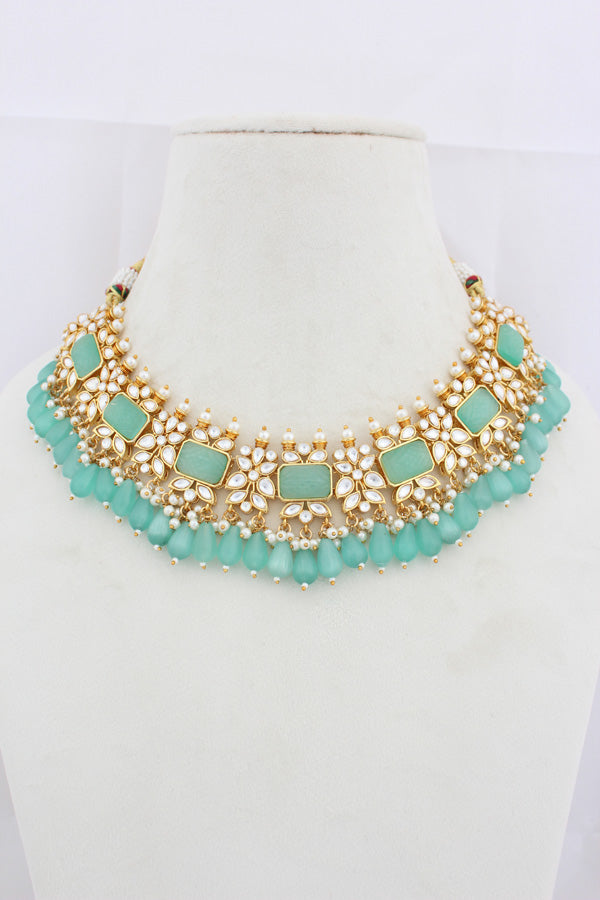 Aqua Green Kundan Necklace Set With Matching Earrings And Tikka (IGNK011)