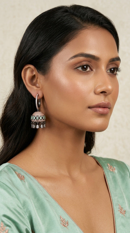 Balia / Hoops Earrings With Small Jhumka Attached And Mint Green Colour Stones (ADE016-MG)