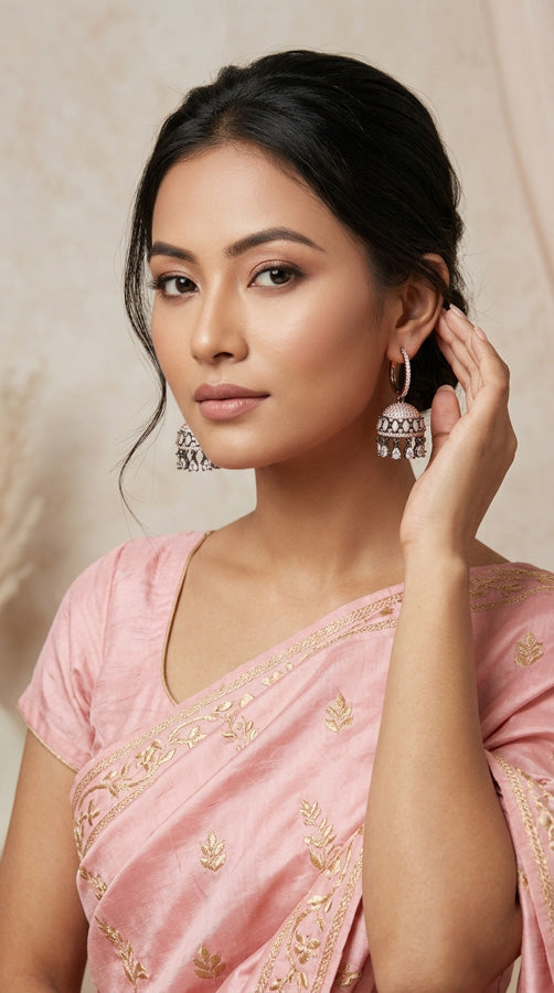 Balia / Hoops Earrings With Small Jhumka Attached And Pink Colour Stones (ADE016-P)