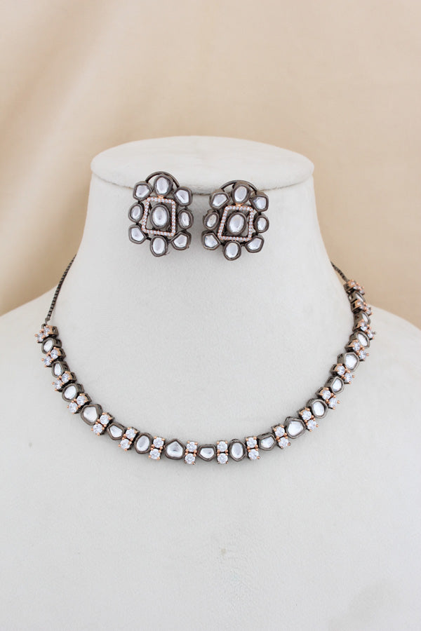 Black And Rosegold Polish Kundan Necklace With Studs (NK030RH-Kundan)