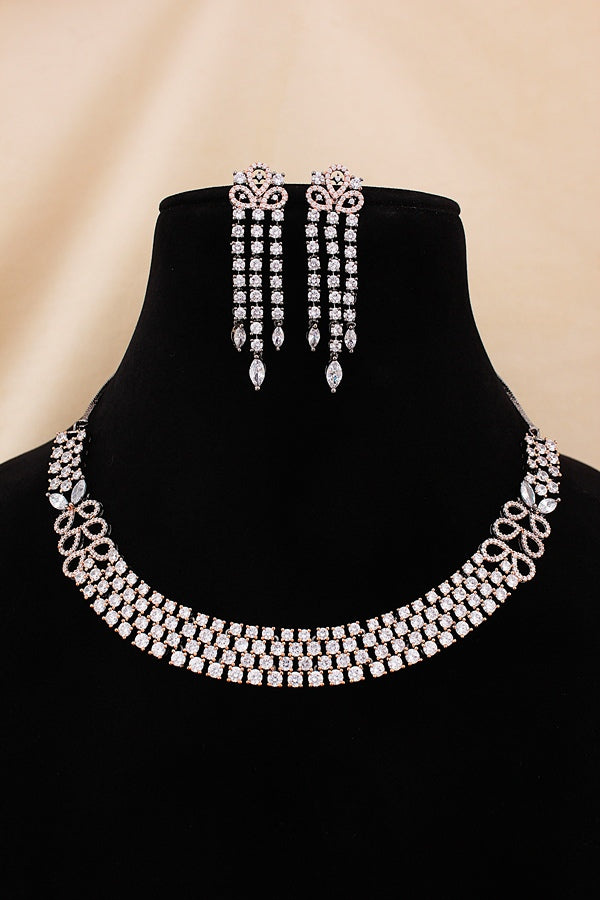 Necklace Set in American Diamonds With Center Pendant And Grey Colour Stones (NS002-AD-GY)