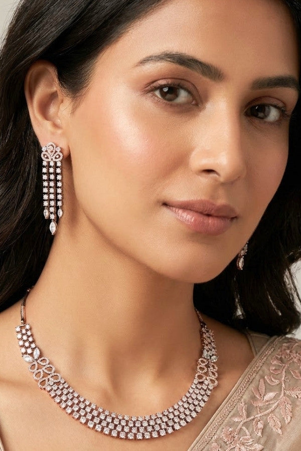 Necklace Set in American Diamonds With Center Pendant And Grey Colour Stones (NS002-AD-GY)