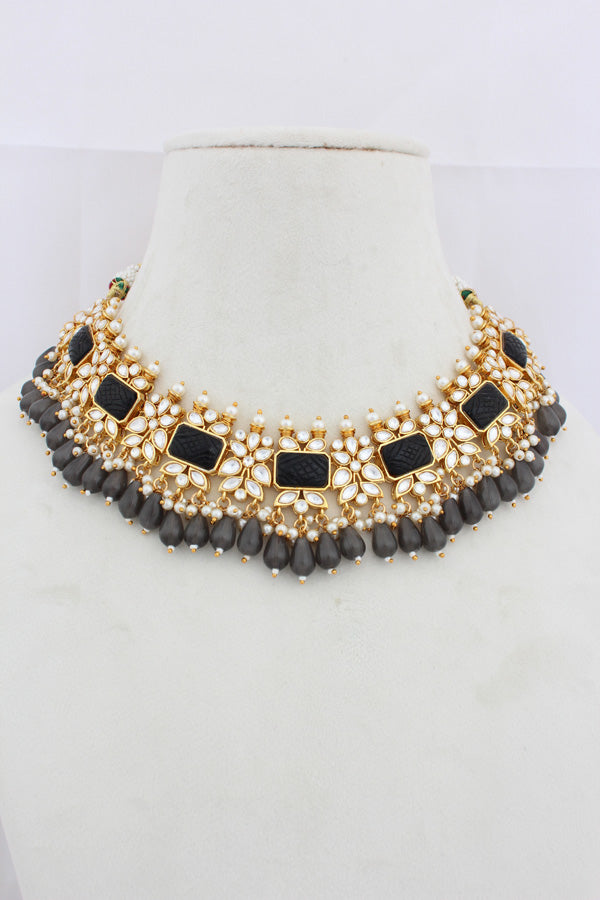 Black Kundan Necklace Set With Grey Pearls Attached Also With Matching Earrings And Tikka (IGNK011)