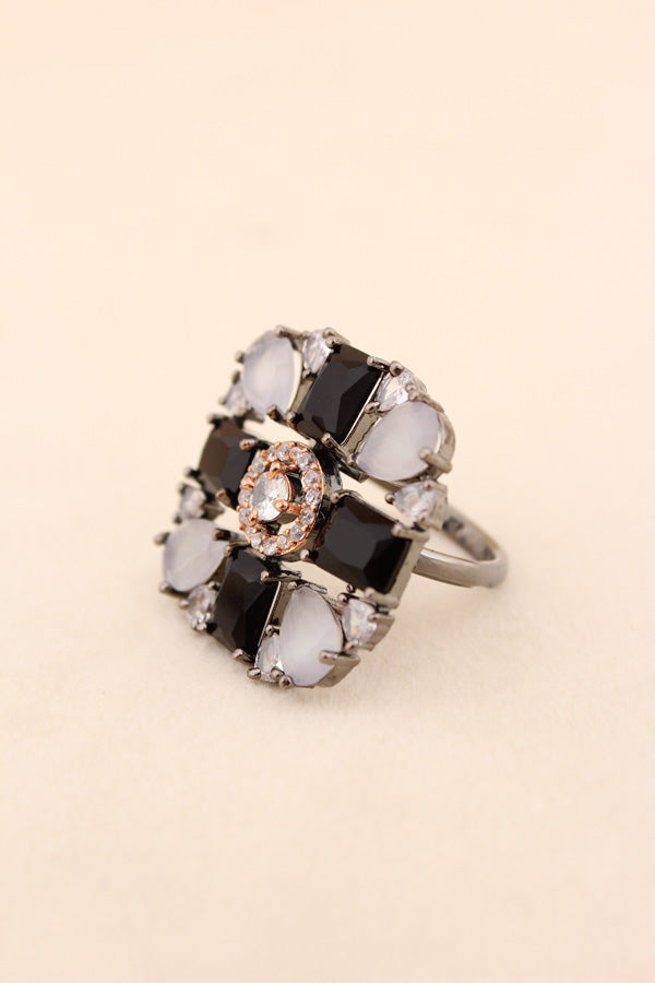 Black Polish American Diamond Adjustable Ring With Black Colour Stones (ADR004-BL)