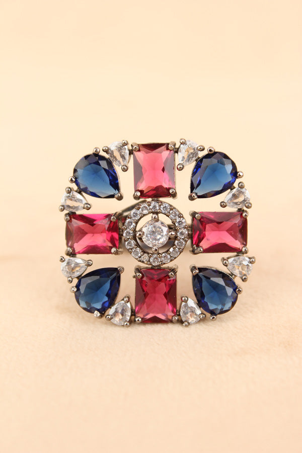 Black Polish American Diamond Adjustable Ring With Blue And Ruby Colour Stones (ADR004-B)