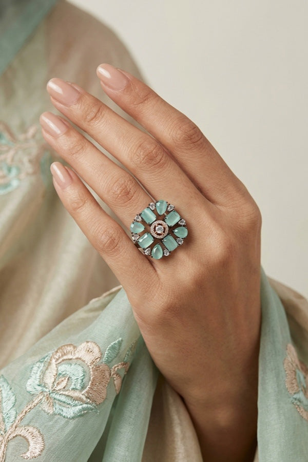 Black Polish American Diamond Adjustable Ring With Mint Green Colour Stones (ADR004-MG)