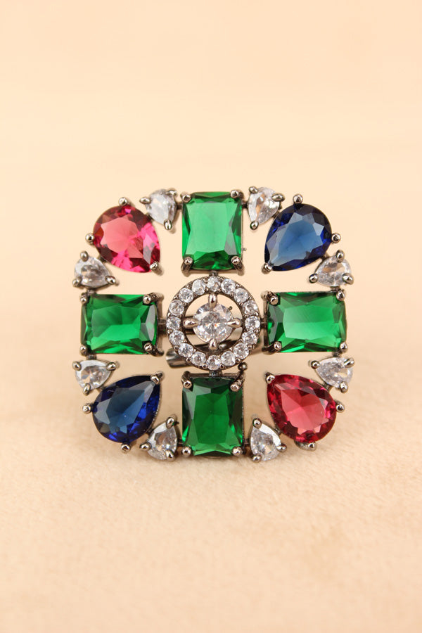 Black Polish American Diamond Adjustable Ring With Multi Colour Stones (ADR004-MU)