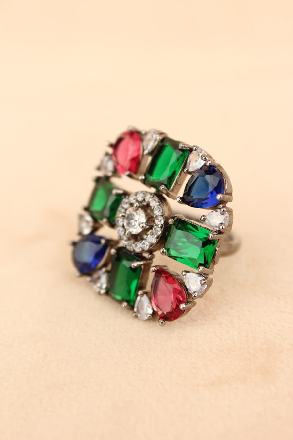 Black Polish American Diamond Adjustable Ring With Multi Colour Stones (ADR004-MU)