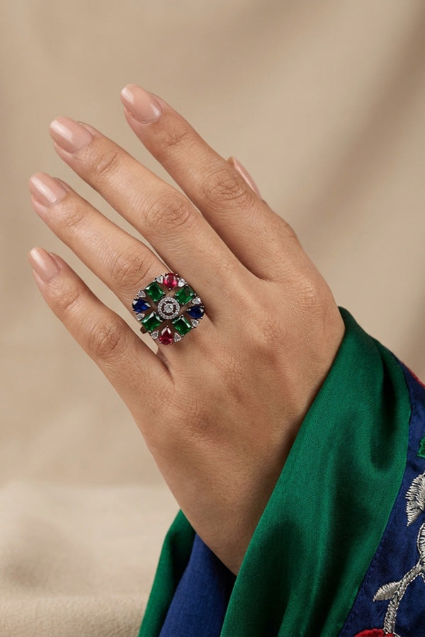 Black Polish American Diamond Adjustable Ring With Multi Colour Stones (ADR004-MU)