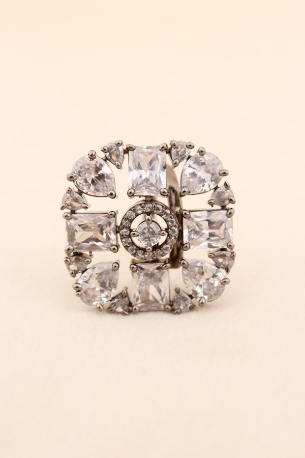 Black Polish American Diamond Adjustable Ring With Silver Colour Stones (ADR004-S)
