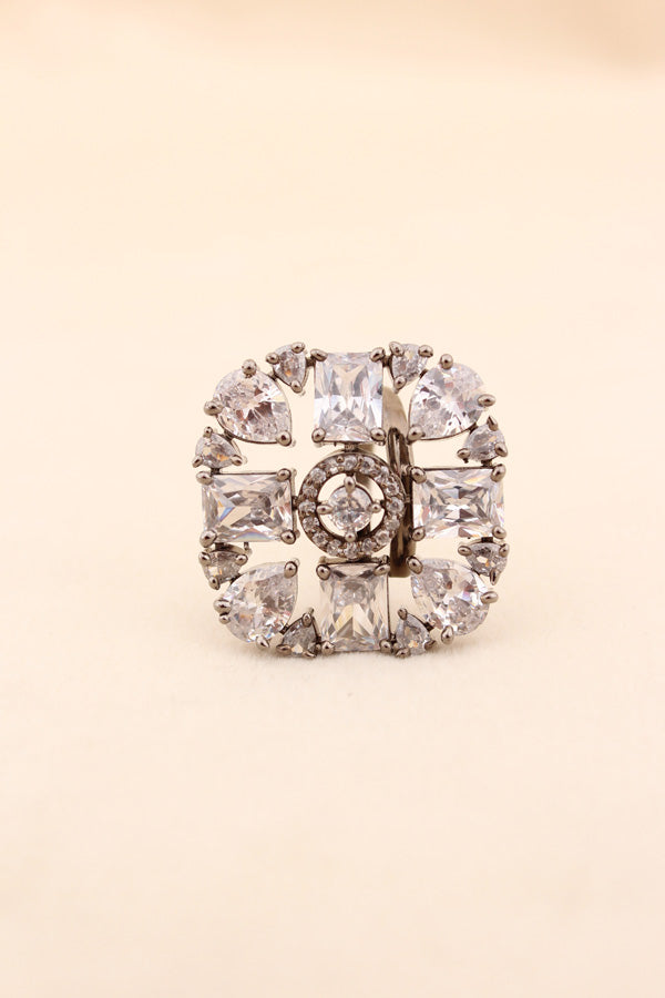 Black Polish American Diamond Adjustable Ring With Silver Colour Stones (ADR004-S)