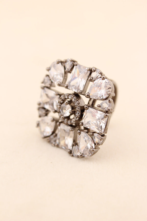Black Polish American Diamond Adjustable Ring With Silver Colour Stones (ADR004-S)
