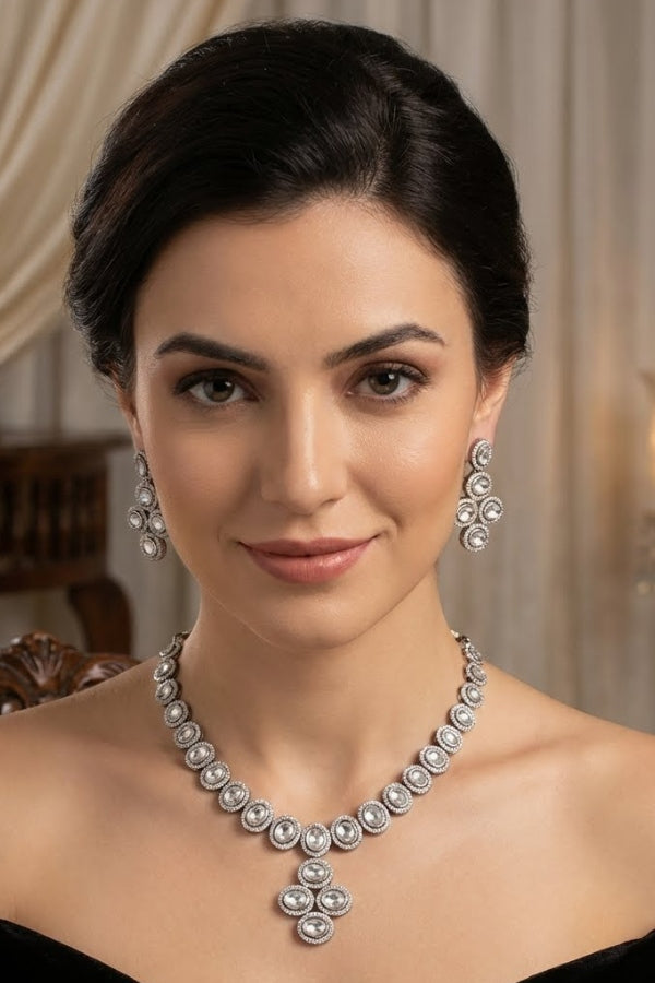 Black Polish Kundan Necklace Set With American Diamonds And Matching Earrings(NK013B-Kundan)