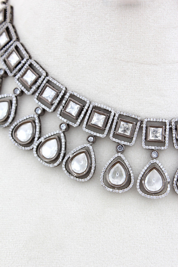 Black Polish Kundan Necklace Set With Matching Earrings(NK014BL-Kundan)