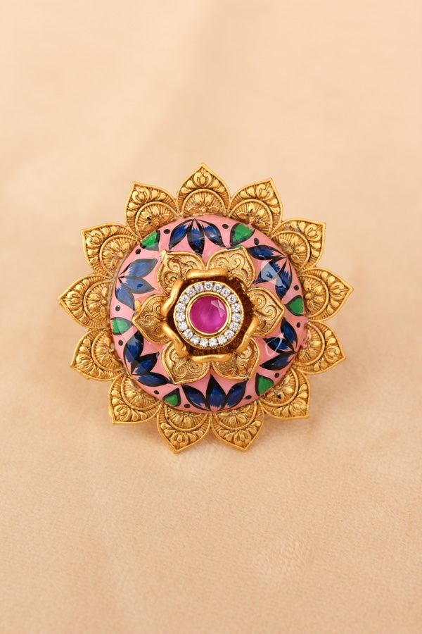 Sunflower Adjustable Ring With Meenakari Design And Center Design With Blue Paint (RF007-B)