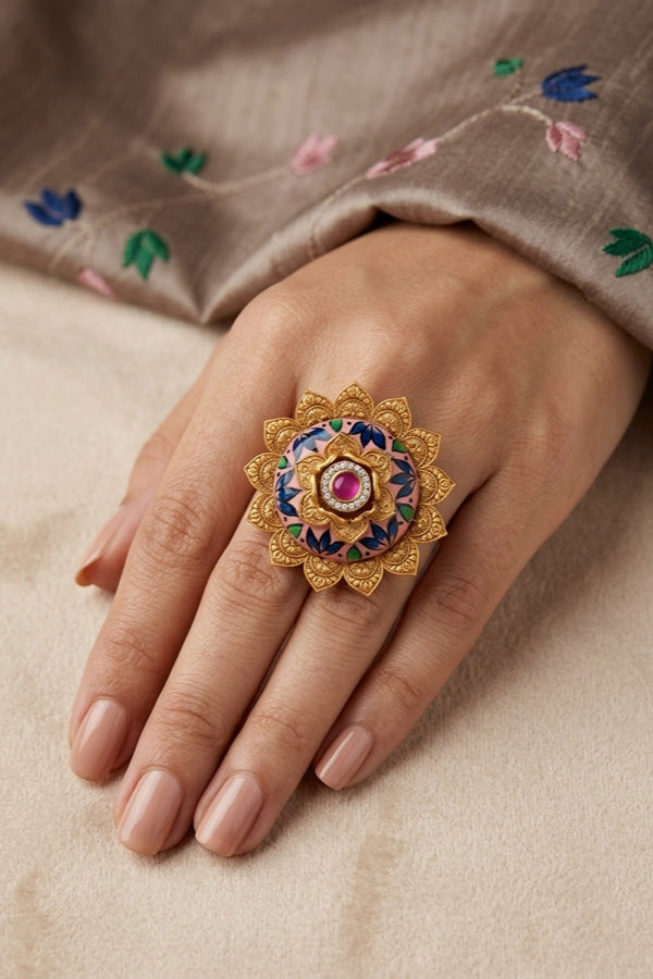 Sunflower Adjustable Ring With Meenakari Design And Center Design With Blue Paint (RF007-B)