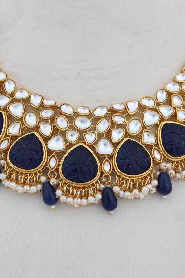 Blue Kundan Necklace Set With Matching Earrings(IGNK008)