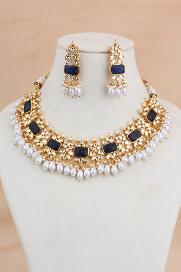 Blue Kundan Necklace Set With White Pearls Attached Also With Matching Earrings And Tikka (IGNK011)