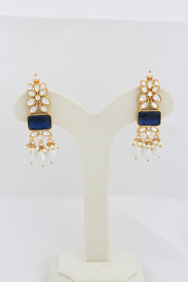 Blue Kundan Necklace Set With White Pearls Attached Also With Matching Earrings And Tikka (IGNK011)