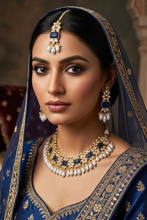 Blue Kundan Necklace Set With White Pearls Attached Also With Matching Earrings And Tikka (IGNK011)