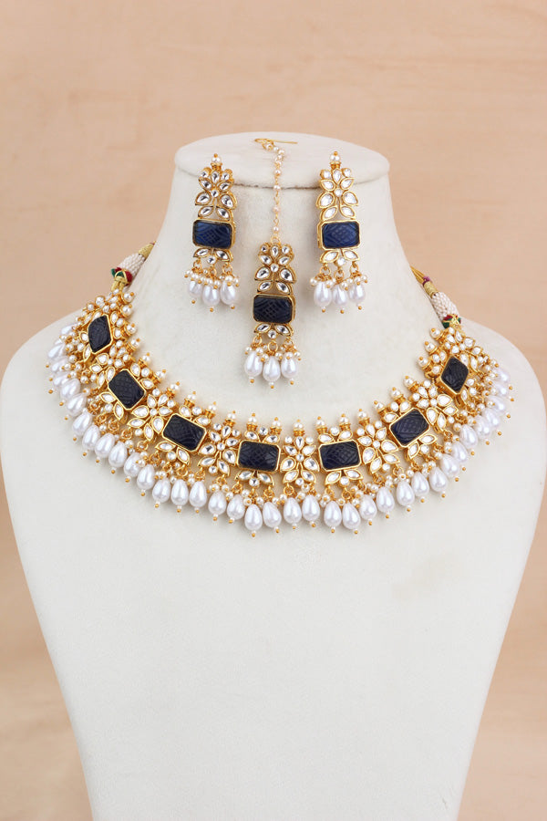 Blue Kundan Necklace Set With White Pearls Attached Also With Matching Earrings And Tikka (IGNK011)