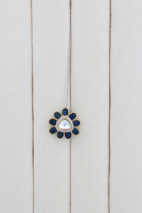 Blue Kundan Necklace With Pendant Also Matching Tikka And Earrings(IGNK009)