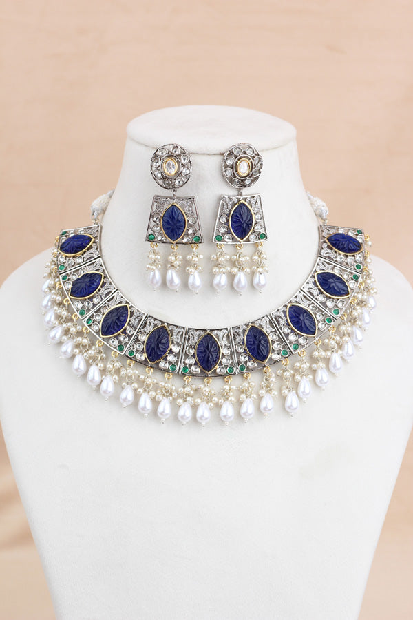 Blue Silver Polish Kundan Necklace Set With Earrings And Tikka(IGNK010)