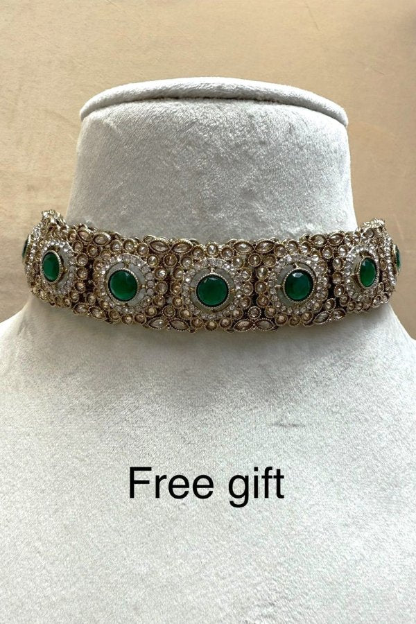 Bridal Set In Premium Quality With Polki And Green Stones In Mehndi Polish (BS003-G-Polki)