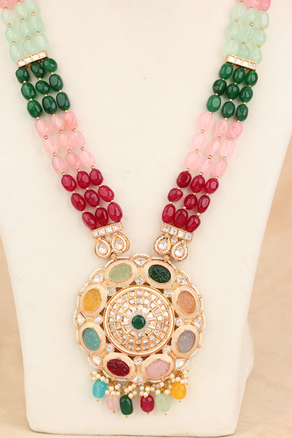 Colorful Long Kundan Necklace Set With A Heavy Pendant And Large Jhumka Earrings (LKN002-Kundan)