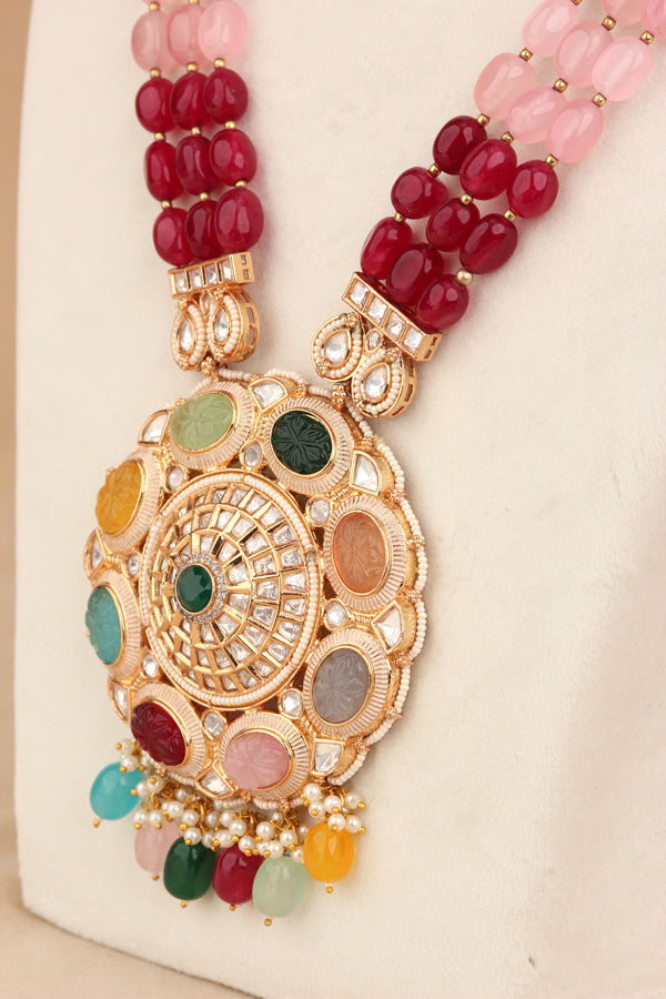 Colorful Long Kundan Necklace Set With A Heavy Pendant And Large Jhumka Earrings (LKN002-Kundan)