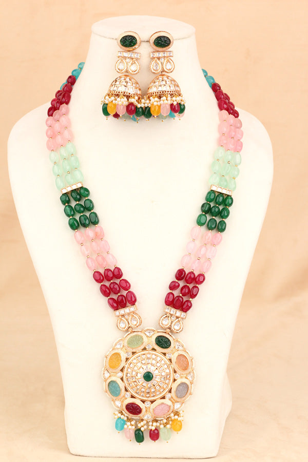 Colorful Long Kundan Necklace Set With A Heavy Pendant And Large Jhumka Earrings (LKN002-Kundan)