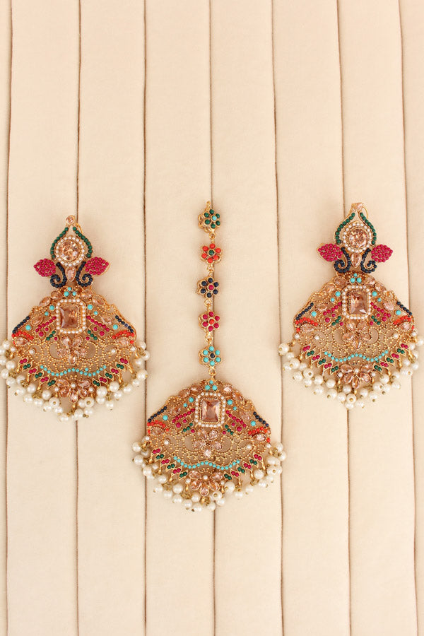 Colourful Pakistani Tikka Set With Gold Colour Center Stone (PKTS002-GO)