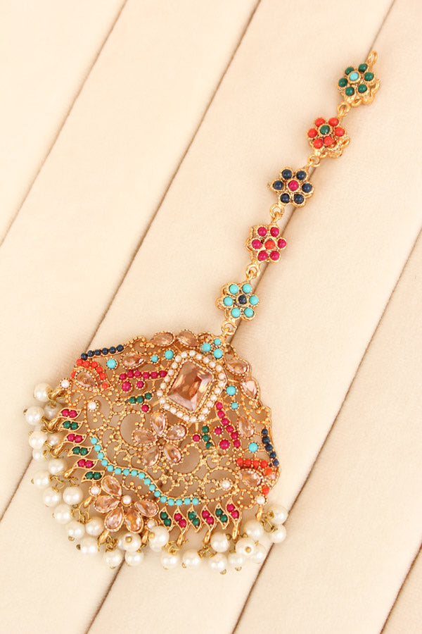 Colourful Pakistani Tikka Set With Gold Colour Center Stone (PKTS002-GO)
