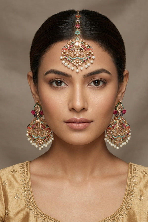 Colourful Pakistani Tikka Set With Gold Colour Center Stone (PKTS002-GO)