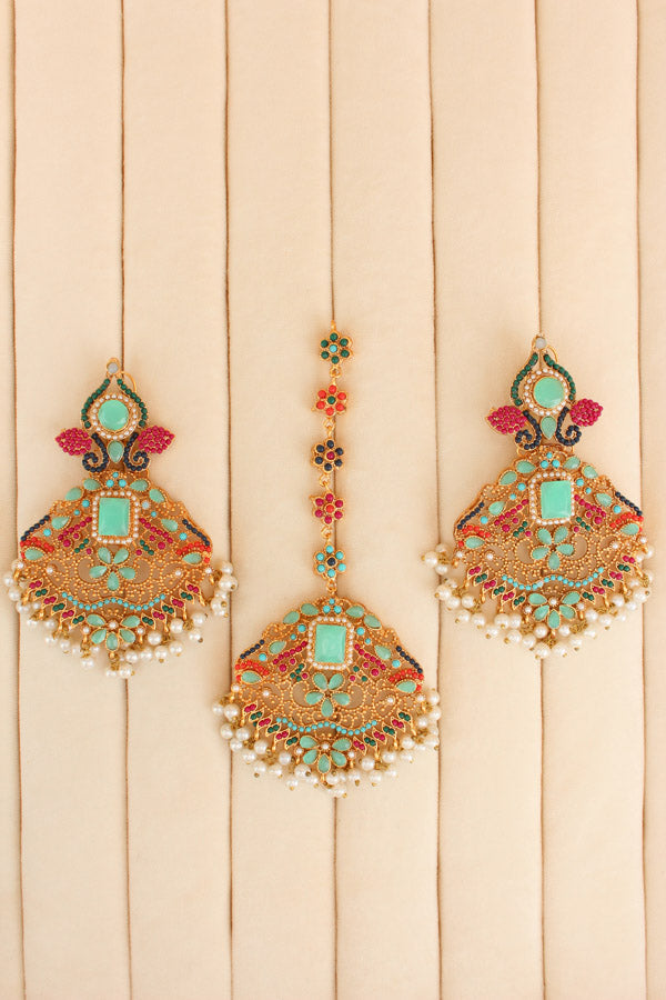 Colourful Pakistani Tikka Set With Mint Green Colour Center Stone (PKTS002-MG)