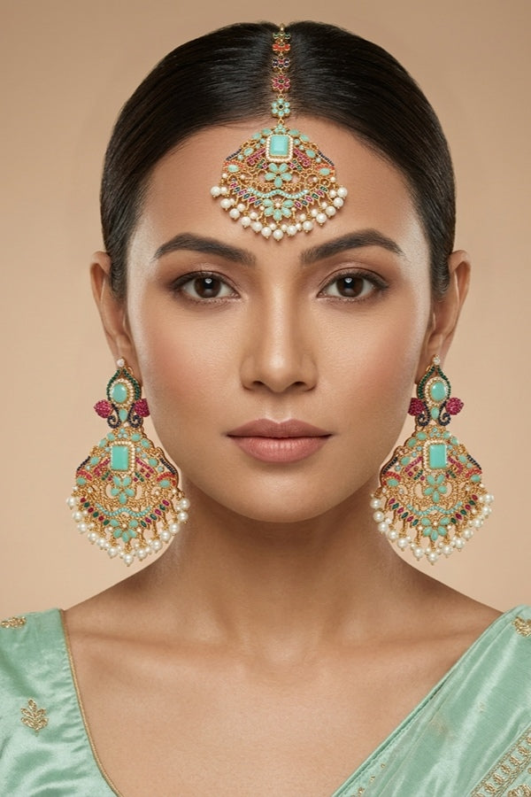 Colourful Pakistani Tikka Set With Mint Green Colour Center Stone (PKTS002-MG)