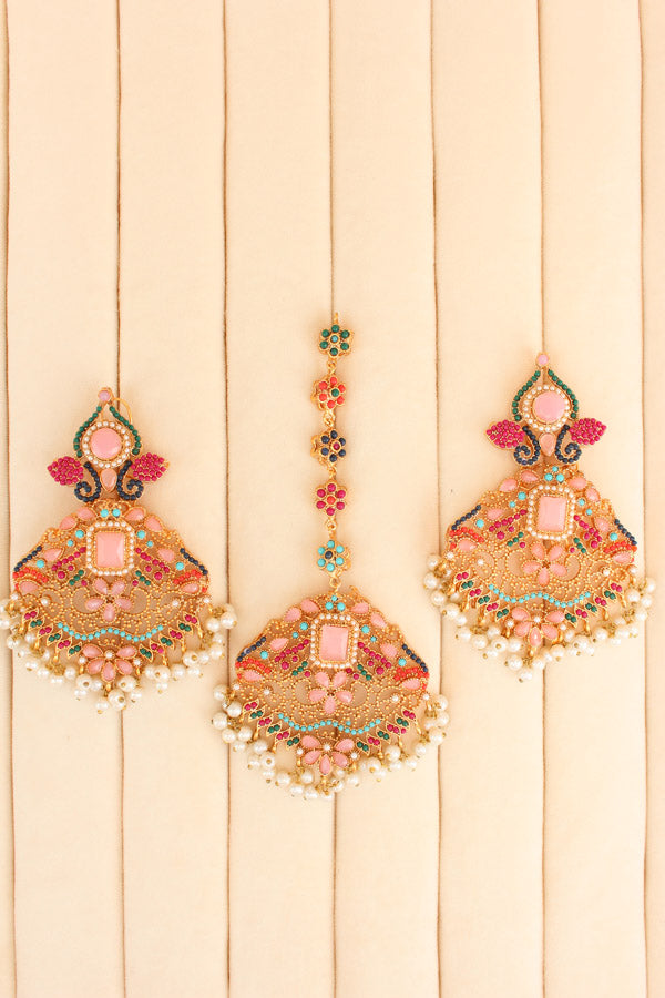 Colourful Pakistani Tikka Set With Pink Colour Center Stone (PKTS002-P)