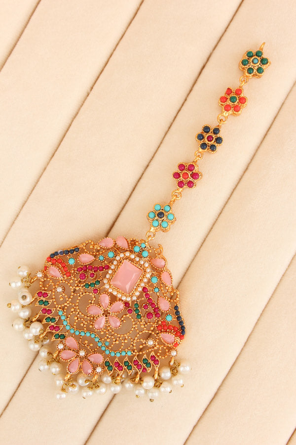 Colourful Pakistani Tikka Set With Pink Colour Center Stone (PKTS002-P)