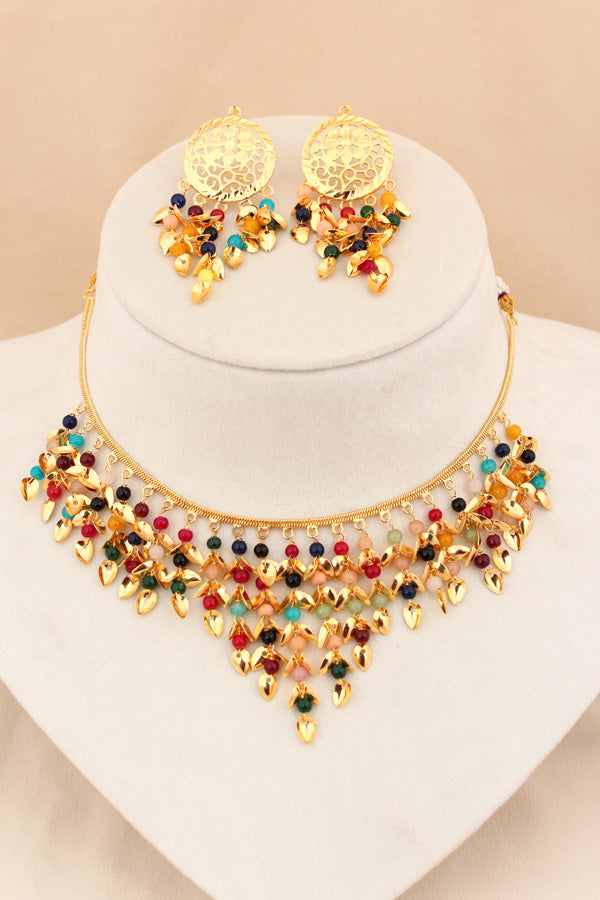 Colourful Punjabi Jadau Necklace Set With Small Earrings (PJNS004)