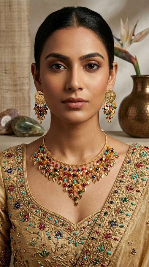 Colourful Punjabi Jadau Necklace Set With Small Earrings (PJNS004)