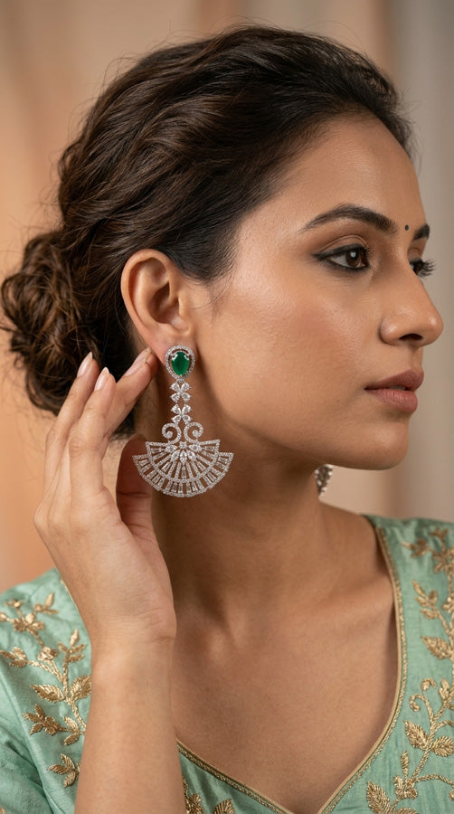 Danglers In Premium Quality With American Diamonds And Green Center Stone (ADE003)
