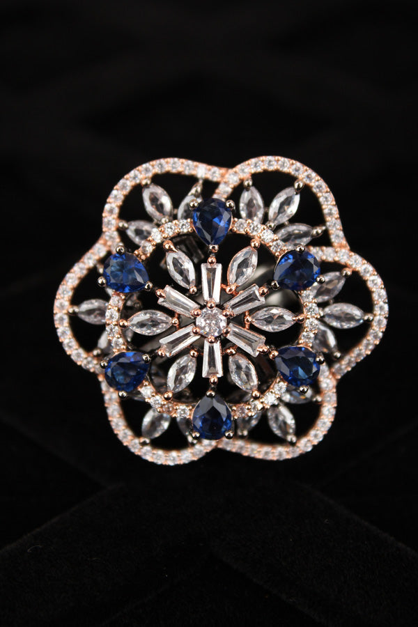 Double flower Design Adjustable Ring In Premium Quality With Blue Colour Stones (ADR007-B)