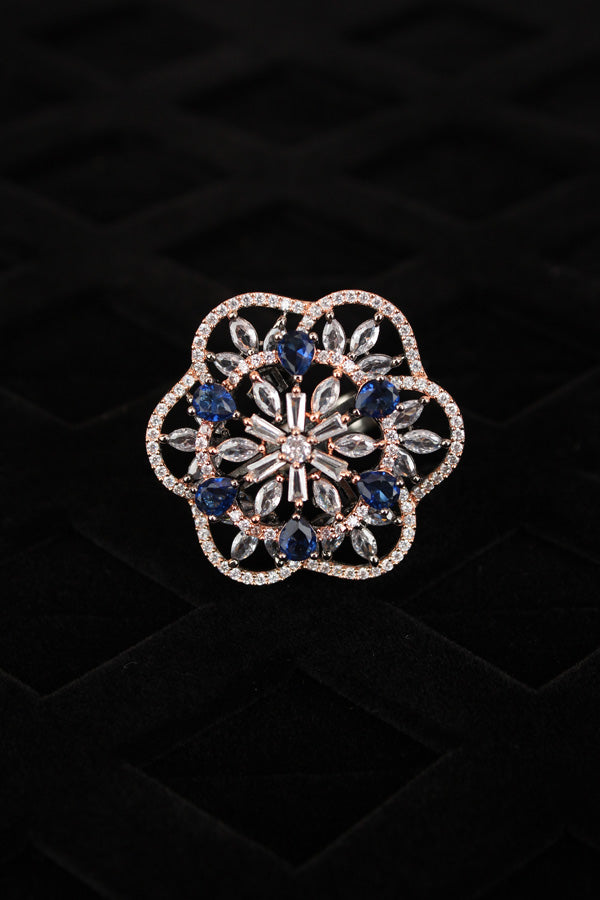 Double flower Design Adjustable Ring In Premium Quality With Blue Colour Stones (ADR007-B)